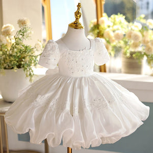 Square Neck Beaded Lace White Taffeta Bubble Birthday Wedding Flower Girl Dress, Bow