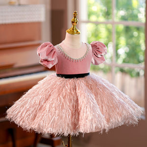 Pink Velvet Feathers Puff Sleeve Ball Gown Birthday Formal Girl Pageant Dress, Beaded Belt