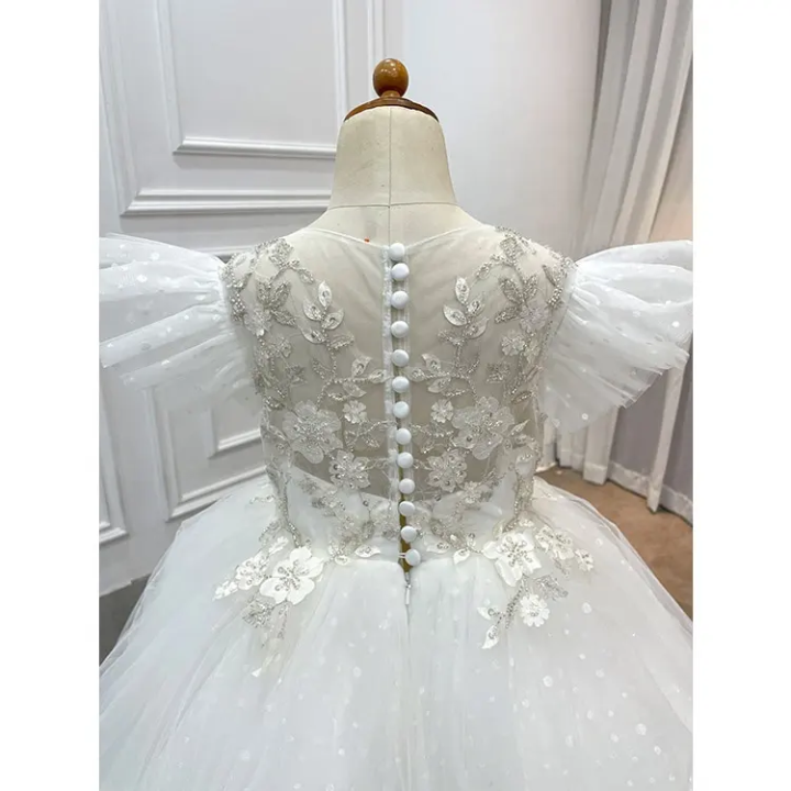 Princess Ball Gown Flutter Sleeves Beading Birthday Wedding Flower Girl Dress, Appliques