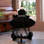 Princess Ball Gown Black Tulle Sleeveless Ruffles Wedding Flower Girl Dress, Train Bow