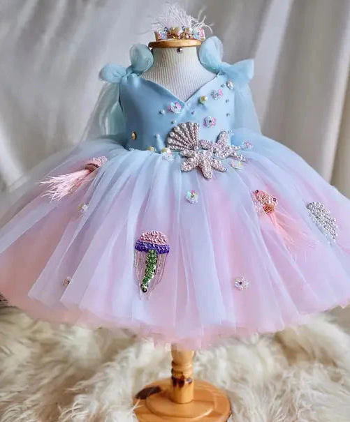 Ball Gown Ocean Pearls Shell Tulle Birthday Party Fancy Girl Dress, Bow Blue to Light Pink / 7T Ball Gown Ocean Pearls Shell Tulle Birthday Party Fancy Girl Dress, Bow Blue to Light Pink / 7T