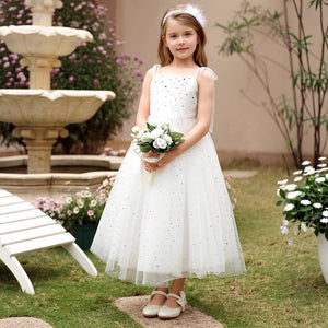 Princess White Tulle Sequined Bow Straps Square Neck Backless Wedding Flower Girl Dress