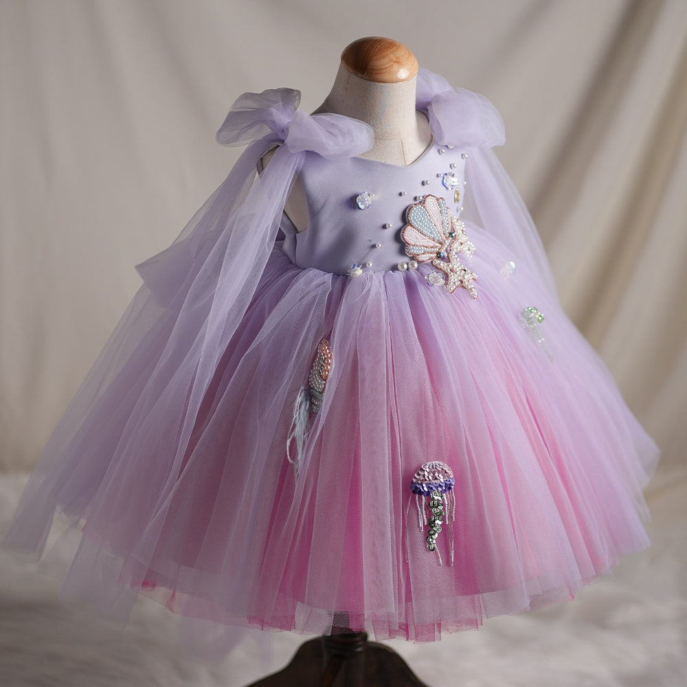 Ball Gown Ocean Pearls Shell Tulle Birthday Party Fancy Girl Dress, Bow Lavender to Blush Pink / 1T Ball Gown Ocean Pearls Shell Tulle Birthday Party Fancy Girl Dress, Bow Lavender to Blush Pink / 1T