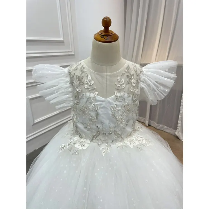 Princess Ball Gown Flutter Sleeves Beading Birthday Wedding Flower Girl Dress, Appliques