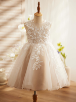Ivory Lace Champagne Tulle Sleeveless Knee Length Wedding Flower Girl Dress, Bow