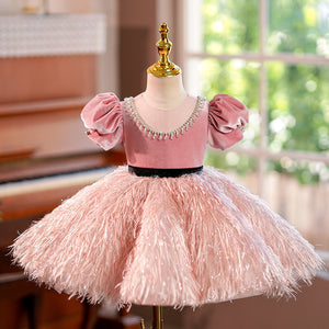 Pink Velvet Feathers Puff Sleeve Ball Gown Birthday Formal Girl Pageant Dress, Beaded Belt