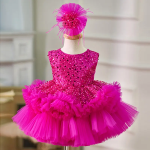 Ball Gown Fuchsia Sequin Tulle Pageants Christmas Birthday Wedding Flower Girl Dress