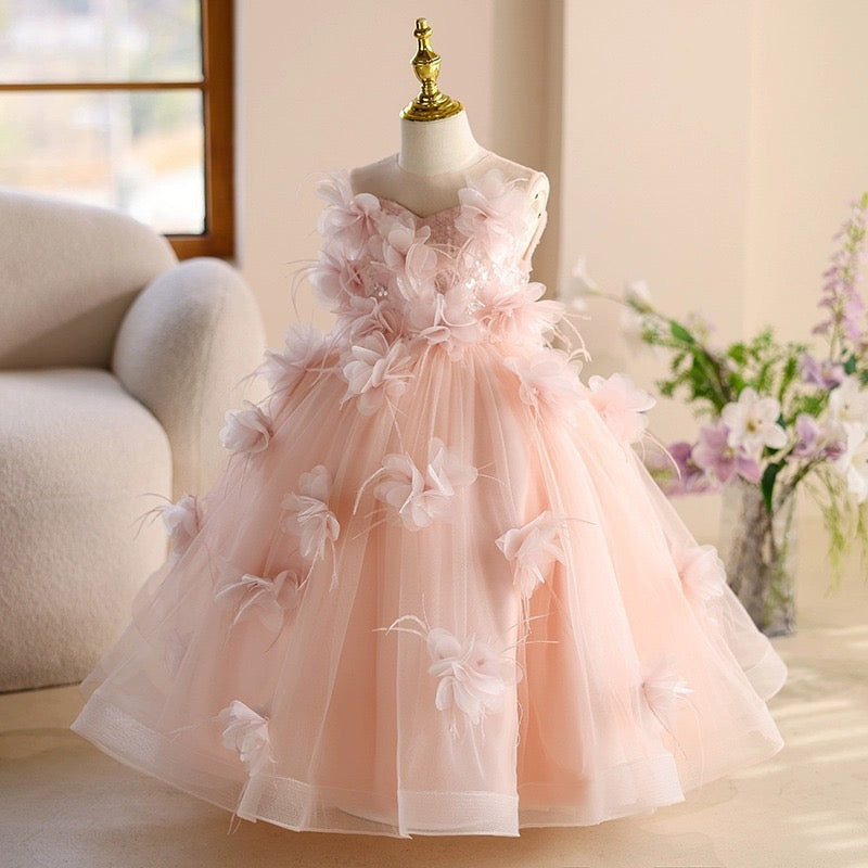 Princess Sleeveless 3D Floral Pink Tulle Birthday Party Wedding Flower Girl Dress, Sequin