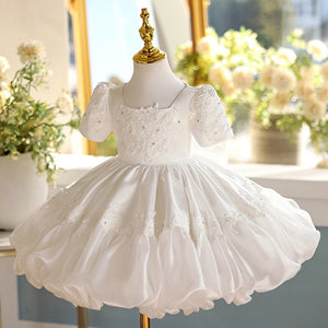 Square Neck Beaded Lace White Taffeta Bubble Birthday Wedding Flower Girl Dress, Bow