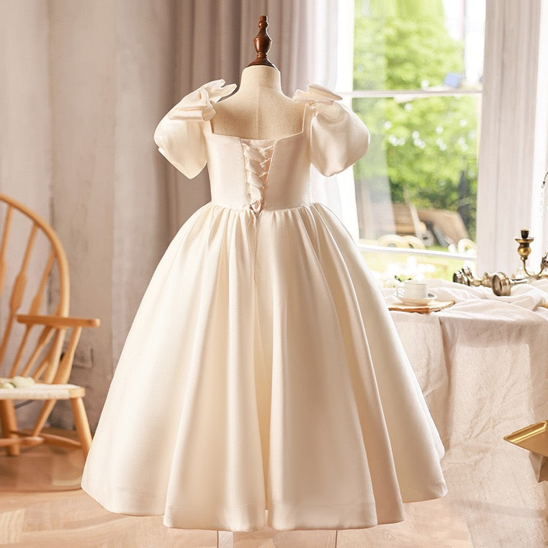 Princess Ball Gown Puff Sleeve Ivory Satin Square Neck Wedding Flower Girl Dress, Bow