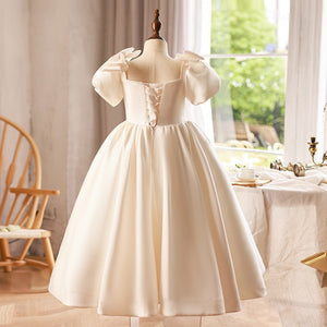 Princess Puff Sleeve Ivory Satin Square Neck Flower Girl Dress, Bow Ivory / 7T Princess Puff Sleeve Ivory Satin Square Neck Flower Girl Dress, Bow Ivory / 7T