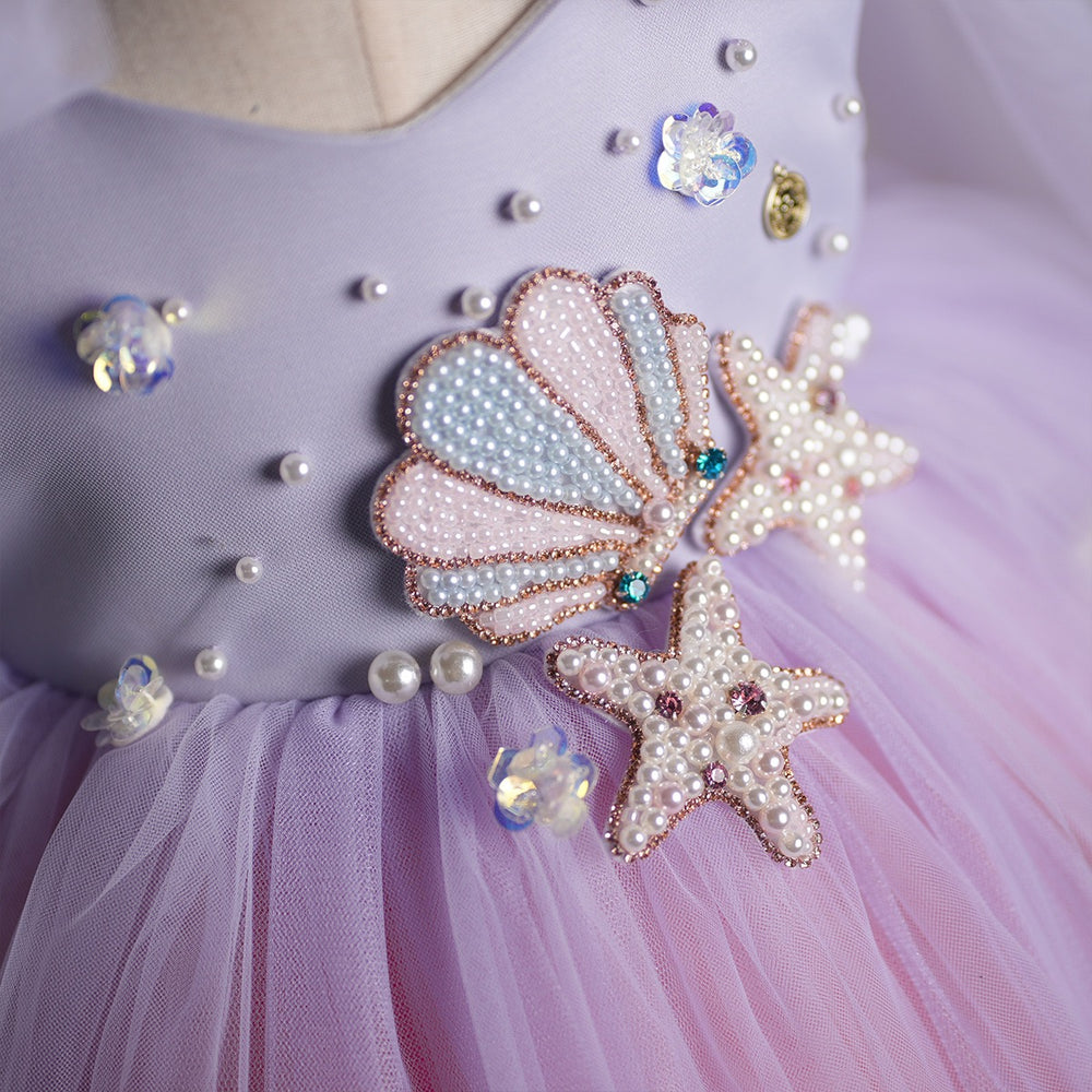 Princess Ball Gown Ocean Pearls Shell V Neck Tulle Birthday Party Fancy Baby Girl Dress, Bow