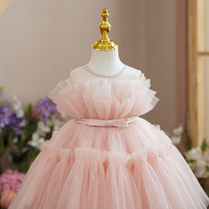 Pearled Sheer Neck Sleeveless Keyhole Ruffled Pink Tulle Wedding Flower Girl Dress, Belt