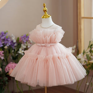 Pearled Sheer Neck Sleeveless Keyhole Ruffled Pink Tulle Wedding Flower Girl Dress, Belt