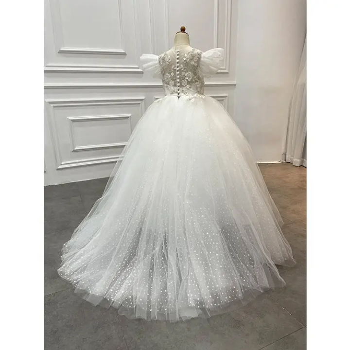 Princess Ball Gown Flutter Sleeves Beading Birthday Wedding Flower Girl Dress, Appliques