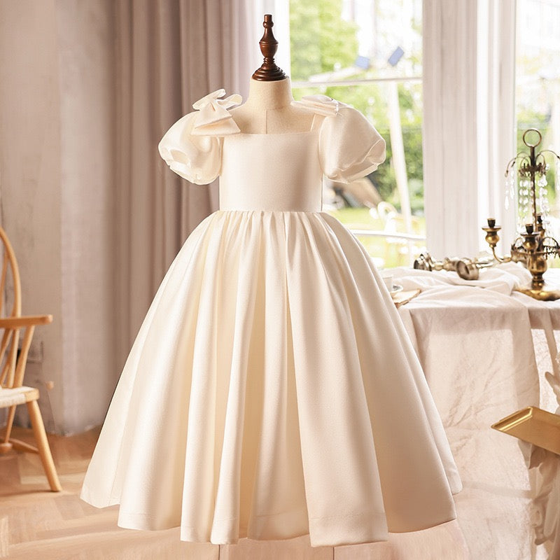 Princess Ball Gown Puff Sleeve Ivory Satin Square Neck Wedding Flower Girl Dress, Bow