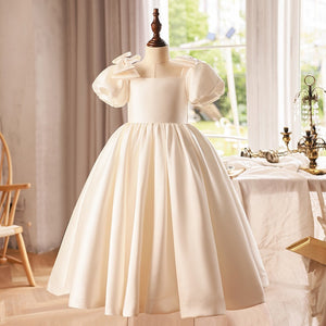 Princess Puff Sleeve Ivory Satin Square Neck Flower Girl Dress, Bow Ivory / 7T Princess Puff Sleeve Ivory Satin Square Neck Flower Girl Dress, Bow Ivory / 7T