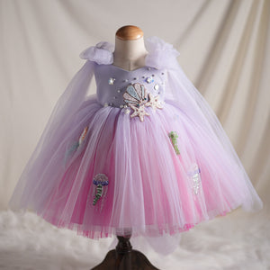 Princess Ball Gown Ocean Pearls Shell V Neck Tulle Birthday Party Fancy Baby Girl Dress, Bow