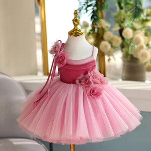 Princess Pink Tulle TUTU Straps Birthday Wedding Party Flower Girl Dress, Flowers