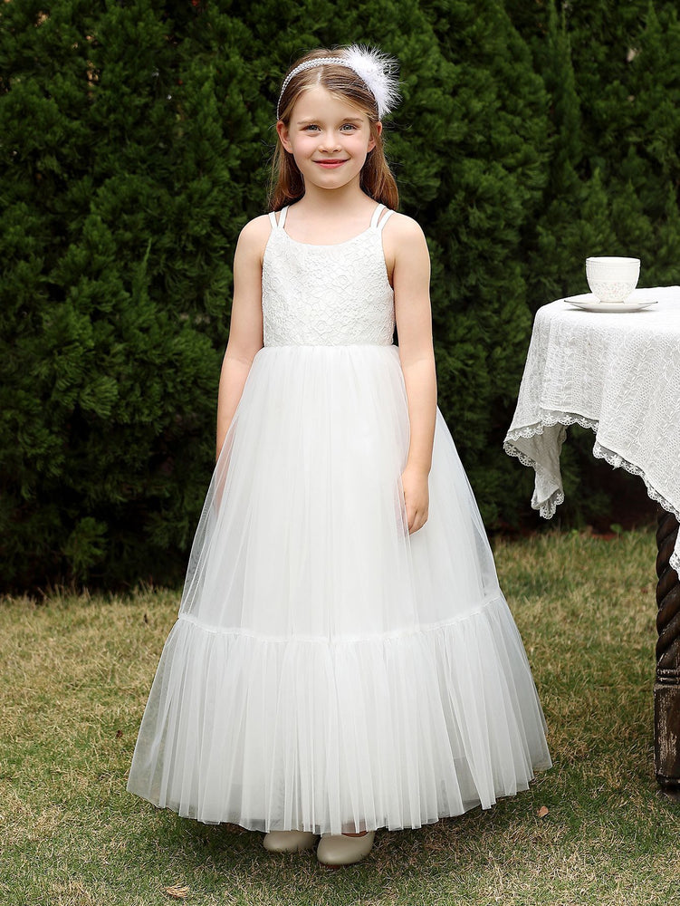 Princess White Lace Tulle Sleeveless Straps Tea Length Wedding Flower Girl Dress