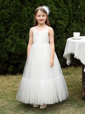 Princess White Lace Tulle Sleeveless Straps Tea Length Wedding Flower Girl Dress