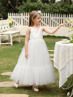 Princess White Lace Tulle Sleeveless Straps Tea Length Wedding Flower Girl Dress