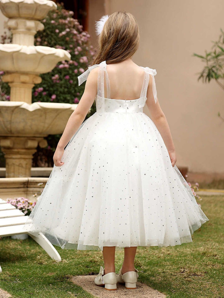 Princess White Tulle Sequined Bow Straps Square Neck Backless Wedding Flower Girl Dress