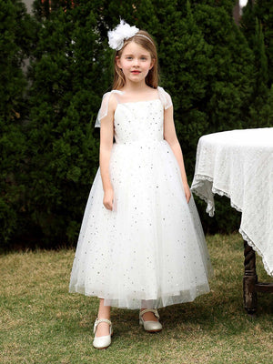 Princess White Tulle Sequined Bow Straps Square Neck Backless Wedding Flower Girl Dress
