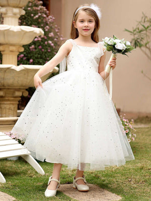 Princess White Tulle Sequined Bow Straps Square Neck Backless Wedding Flower Girl Dress