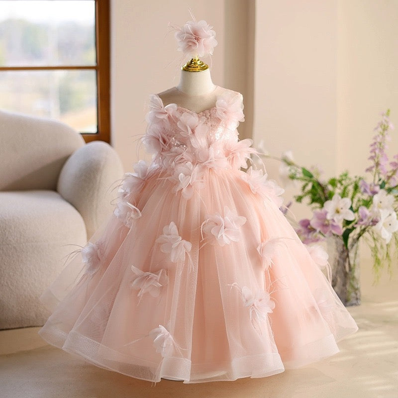 Princess Sleeveless 3D Floral Pink Tulle Birthday Party Wedding Flower Girl Dress, Sequin