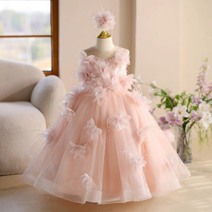 Princess Sleeveless 3D Floral Pink Tulle Birthday Party Wedding Flower Girl Dress, Sequin