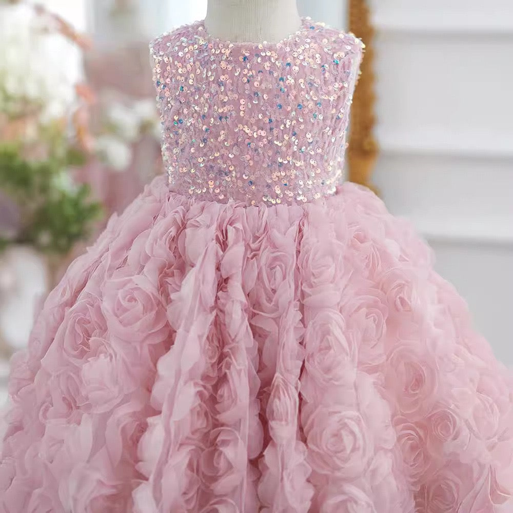 Ball Gown Sequined 3D Rosette Sleeveless Knee Length Wedding Party Flower Girl Dress, Bow