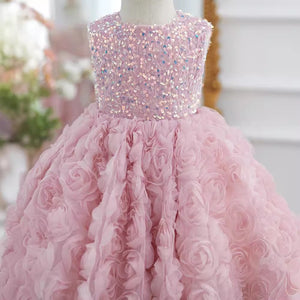 Ball Gown Sequined 3D Rosette Sleeveless Knee Length Wedding Party Flower Girl Dress, Bow