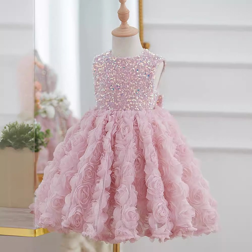 Ball Gown Sequined 3D Rosette Sleeveless Knee Length Wedding Party Flower Girl Dress, Bow