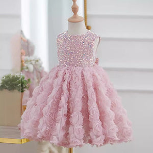 Ball Gown Sequined 3D Rosette Sleeveless Knee Length Wedding Party Flower Girl Dress, Bow