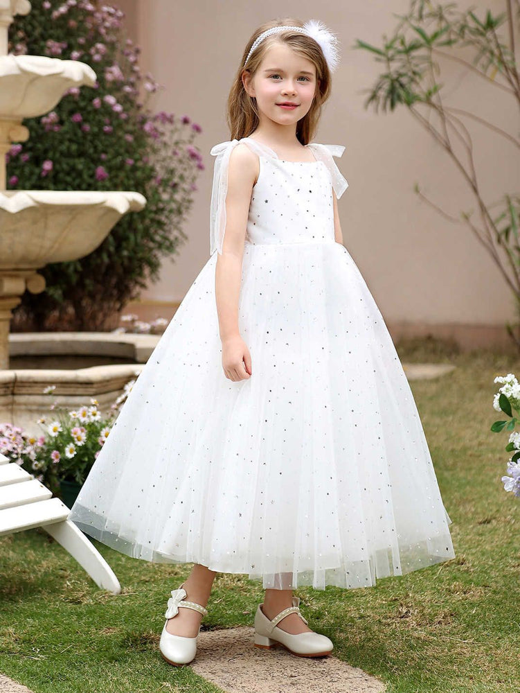 Princess White Tulle Sequined Bow Straps Square Neck Backless Wedding Flower Girl Dress