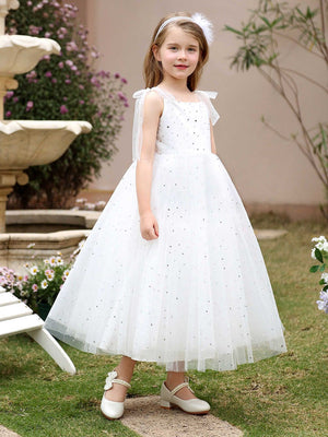 Princess White Tulle Sequined Bow Straps Square Neck Backless Wedding Flower Girl Dress