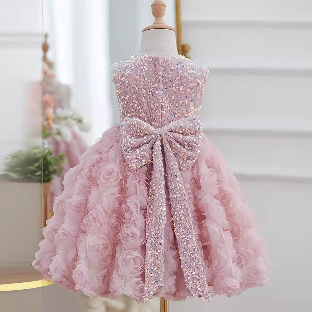 Ball Gown Sequined 3D Rosette Sleeveless Knee Length Wedding Party Flower Girl Dress, Bow