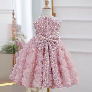Ball Gown Sequined 3D Rosette Sleeveless Knee Length Wedding Party Flower Girl Dress, Bow