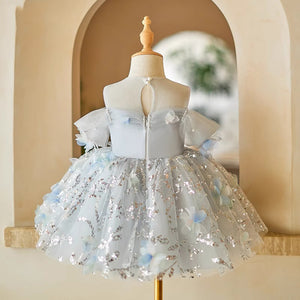 Ball Gown Sheer Off Shoulder Sequined Light Blue Tulle Wedding Flower Girl Dress