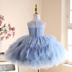 Beaded Floral Sleeveless Round Neck Blue Tulle TUTU Short Wedding Flower Girl Dress
