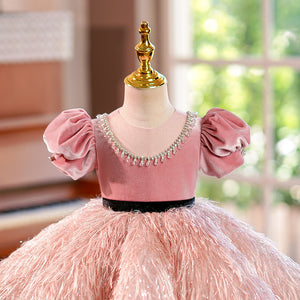 Pink Velvet Feathers Puff Sleeve Ball Gown Birthday Formal Girl Pageant Dress, Beaded Belt