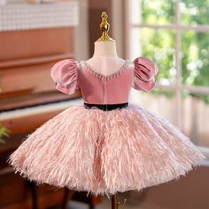 Pink Velvet Feathers Puff Sleeve Ball Gown Birthday Formal Girl Pageant Dress, Beaded Belt
