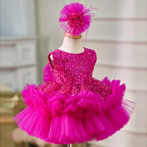 Ball Gown Fuchsia Sequin Tulle Pageants Christmas Birthday Wedding Flower Girl Dress