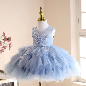 Beaded Floral Sleeveless Round Neck Blue Tulle TUTU Short Wedding Flower Girl Dress