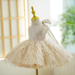 Ball Gown Feathers High Neck Sleeveless Knee Length Kids Party Flower Girl Dress, Bow