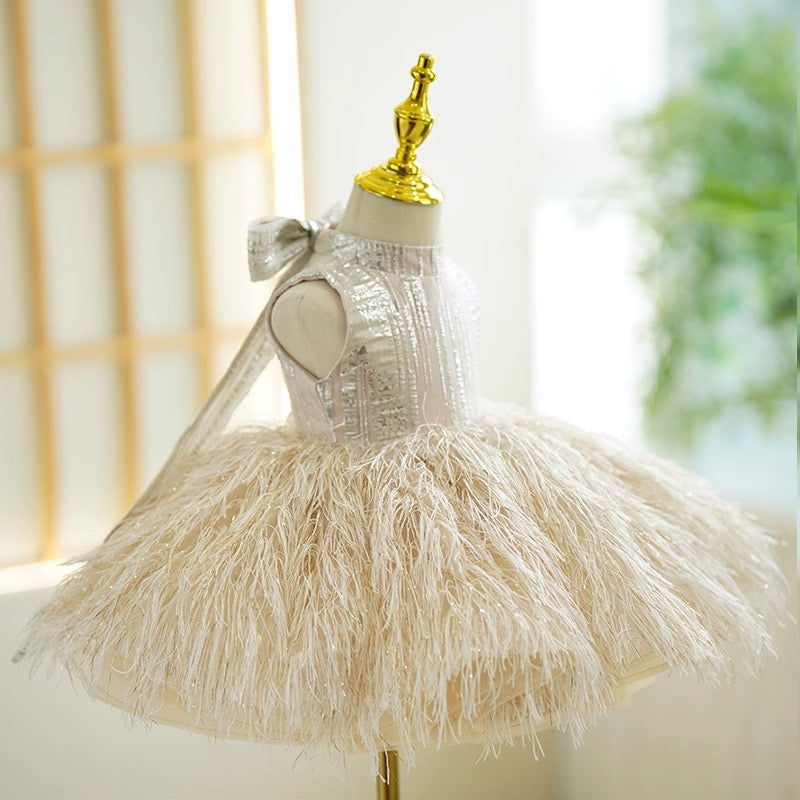 Ball Gown Feathers High Neck Sleeveless Knee Length Kids Party Flower Girl Dress, Bow