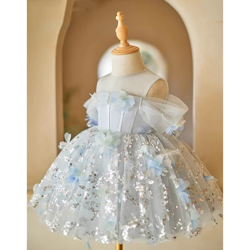 Ball Gown Sheer Off Shoulder Sequined Light Blue Tulle Wedding Flower Girl Dress