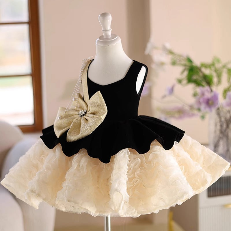 Black Velvet Roses Champagne Tulle Sleeveless Formal Party Flower Girl Dress