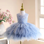Beaded Floral Sleeveless Round Neck Blue Tulle TUTU Short Wedding Flower Girl Dress